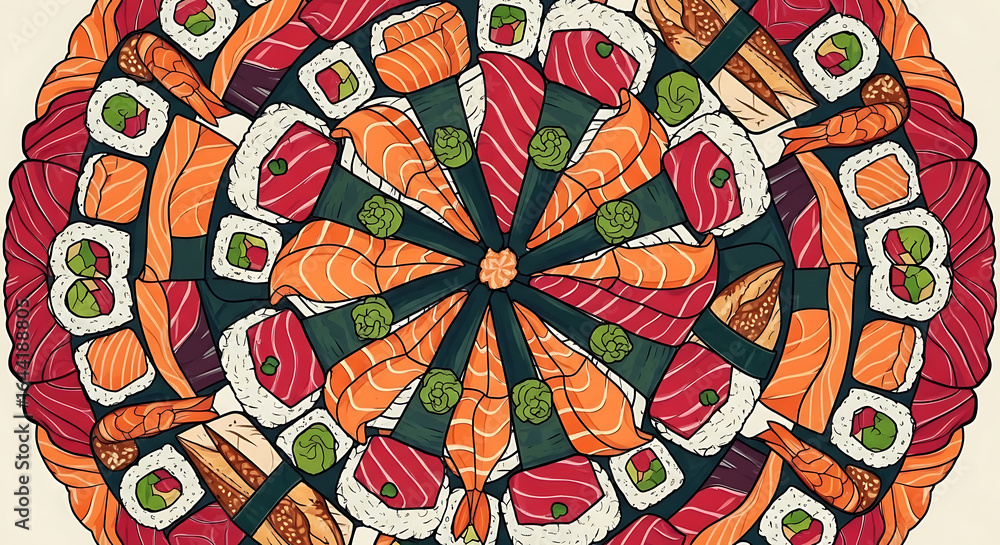 Fototapeta premium Vibrant mandala of fresh sushi and sashimi rolls bursting with flavor, perfect for culinary promotions and Japanese cuisine lovers