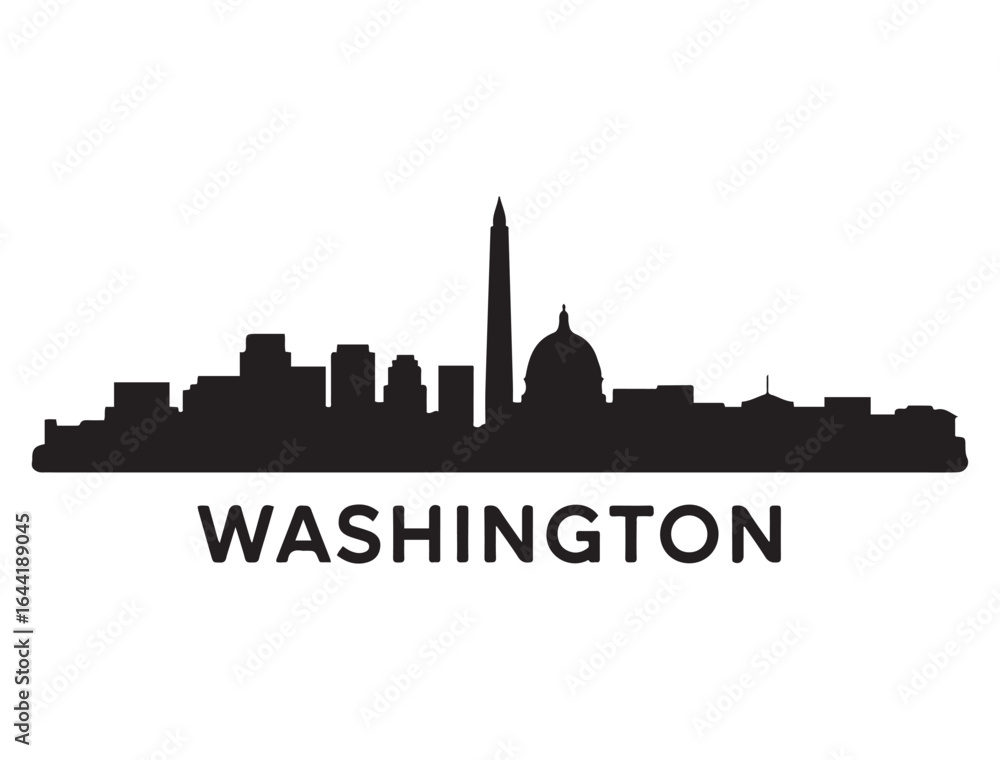 Naklejka premium Washington skyline silhouette. Vector illustration. Vector black silhouette. with white background.