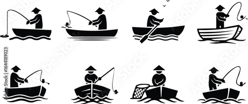  collection of fishing icons featuring a fisherman in a boat, isolated on white background, showcasing various fishing scenarios