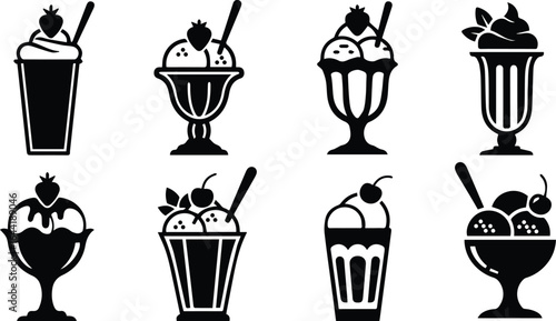  collection of ice cream desserts isolated on white background, featuring various flavors and toppings in different cups and bowls for a sweet treat