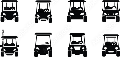  collection of golf cart icons isolated on white background, representing various angles and styles for sport, recreation, and transportation needs