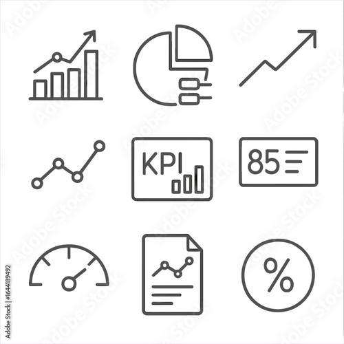 Analytics Icon Set. Line style icons of analytics and performance tracking: bar chart with activity, pie chart with data tags,