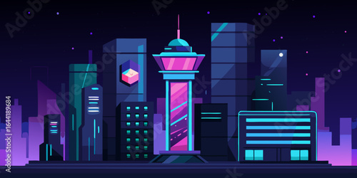 futuristic office tower holographic billboards