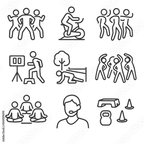Group Fitness Icons. Line style icons of group fitness classes: people in synchronized workout, spin class icon, Zumba group