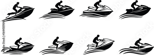  a set of jet ski silhouettes in various positions, perfect for illustrating water sports, summer activities, and recreational fun isolated on white background