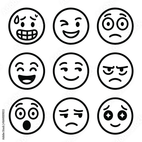Emotion Icon Set. Line style icons of emotion-based stylized faces: nervous grin with sweat, flirty wink face, overwhelmed wide