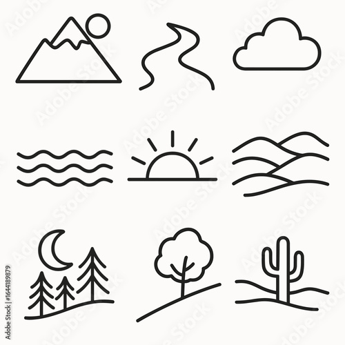 Nature Line Icons. Line style icons of simplified natural landscapes: mountain with sun, river curve, single cloud icon, wavy sea