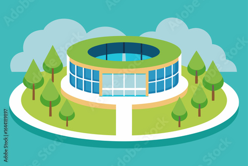 large business center with circular courtyard garden