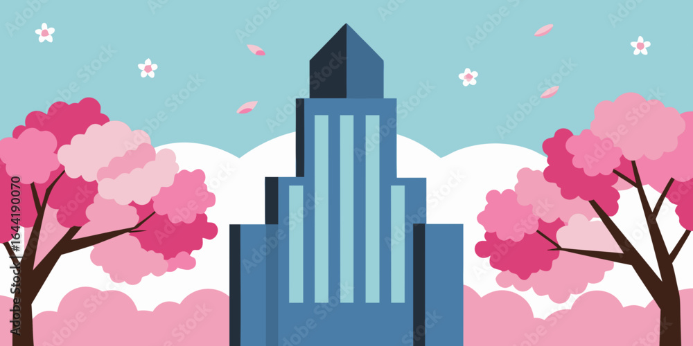 Fototapeta premium modern skyscraper framed by cherry blossom trees