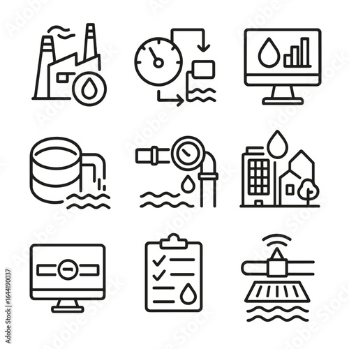 Water Monitoring Icons. Line style icons of industrial and urban water monitoring: factory with water gauge, cooling system flow