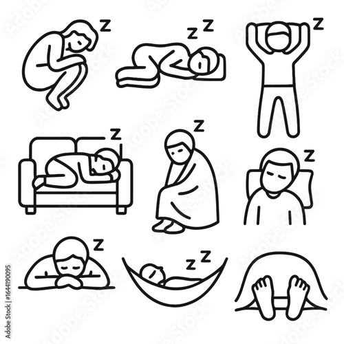 Wallpaper Mural Sleeping Pose Icons. Line style icons of sleeping and napping poses: curled up figure, sleeping on side, back sleeping with arms Torontodigital.ca