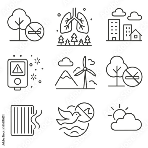 Clean Air Icons. Line style icons of clean air and environment protection: nature with no-smoking icon, lungs over forest line,