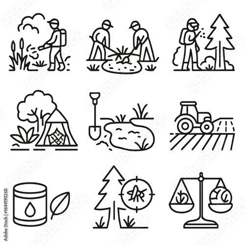 Mosquito Control Icons. Line style icons of mosquito control in nature: marshland with fogger, waterhole cleaning team, forest
