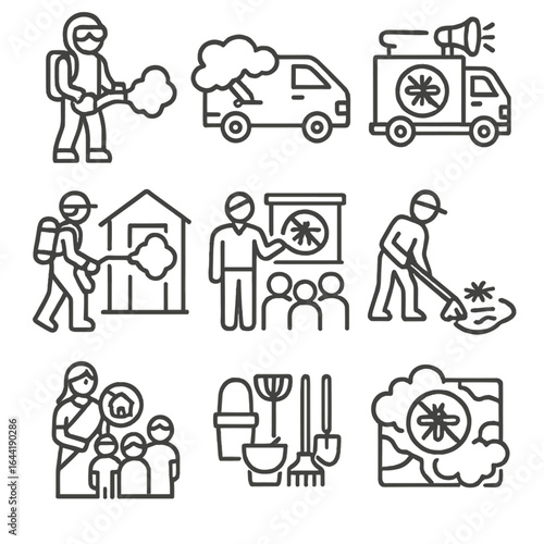 Community Mosquito Control Icons. Line style icons of community mosquito control: fogging team icon, neighborhood spraying van,
