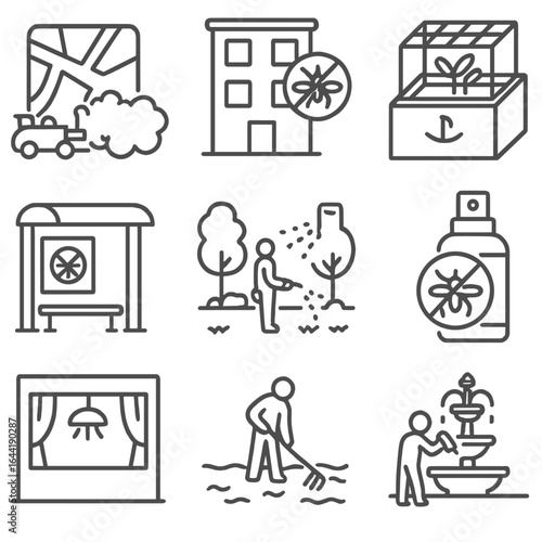 Urban Mosquito Control Icons. Line style icons of urban mosquito safety measures: city fogging map, building with mosquito-free