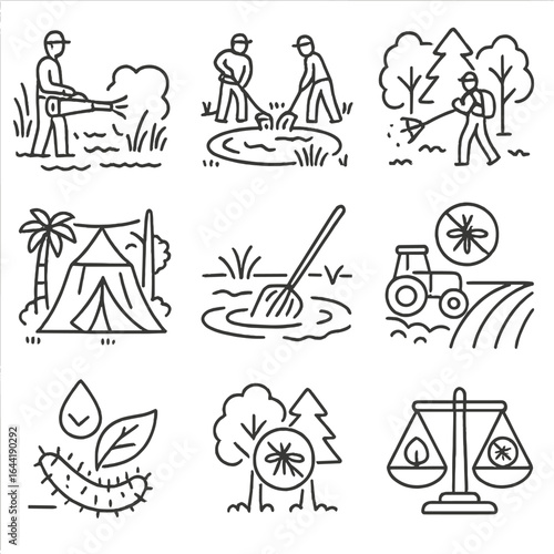 Mosquito Control Icons. Line style icons of mosquito control in nature: marshland with fogger, waterhole cleaning team, forest