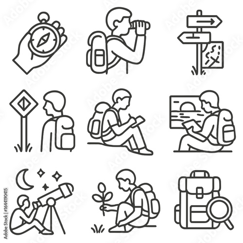 Exploration Line Icons. Line style icons of exploration and discovery with backpacks: compass in hand icon, backpacker with