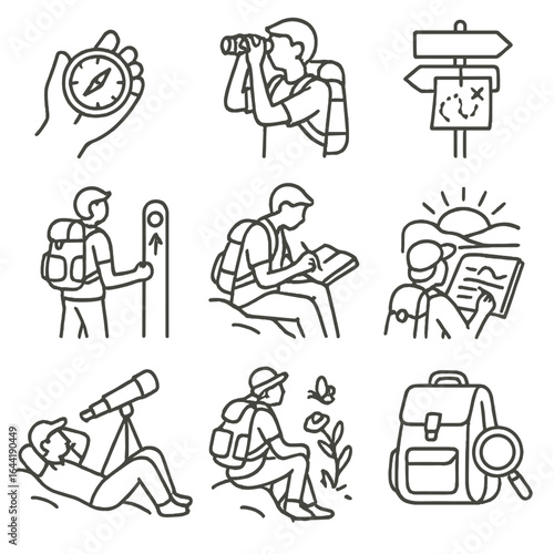 Exploration Line Icons. Line style icons of exploration and discovery with backpacks: compass in hand icon, backpacker with