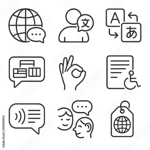 Multilingual Communication Icons. Line style icons of multilingual and inclusive communication: globe with chat icons, person with