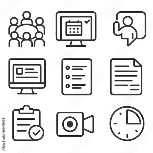 Meeting Icons Set. Line style icons of meetings and collaborative discussion: roundtable icon, meeting invite screen, person