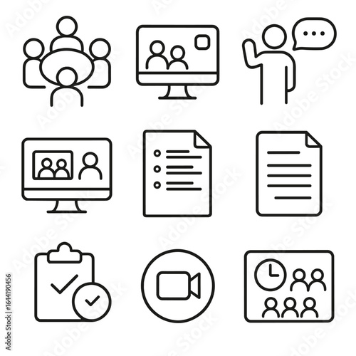 Meeting Icons Set. Line style icons of meetings and collaborative discussion: roundtable icon, meeting invite screen, person