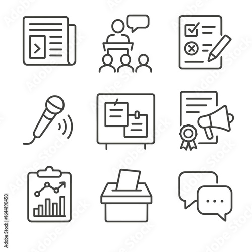 Internal Communication Icons. Line style icons of internal communication channels: company newsletter icon, town hall meeting