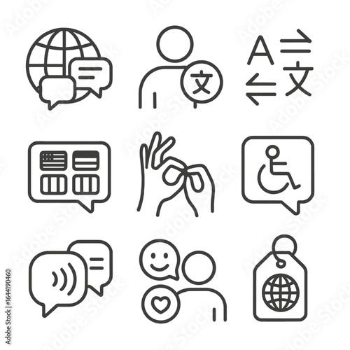 Multilingual Communication Icons. Line style icons of multilingual and inclusive communication: globe with chat icons, person with