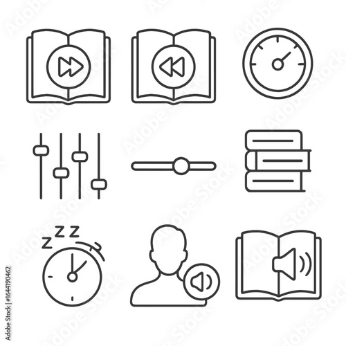 Audiobook Line Icons. Line style icons of audiobook formats and controls: fast-forward icon over story, rewind chapter icon,