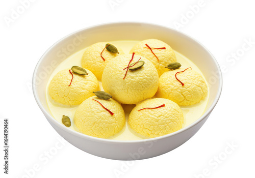 Close up of a bowl filled with rasmalai garnished with saffron strands and cardamom pods on top on transparent background