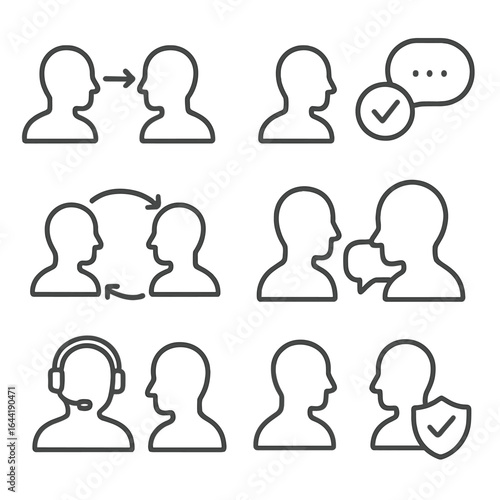 Communication Line Icons. Line style icons of one-on-one communication: two heads with message arrow, personal check-in icon,