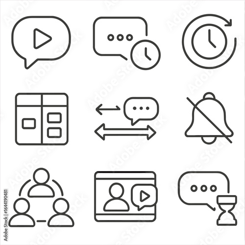 Async Workflow Icons. Line style icons of async communication workflows: recorded video bubble, delayed message icon, response