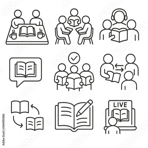 Book Club Icons. Line style icons of group reading and discussion: book club table with tea, group reading circle, shared