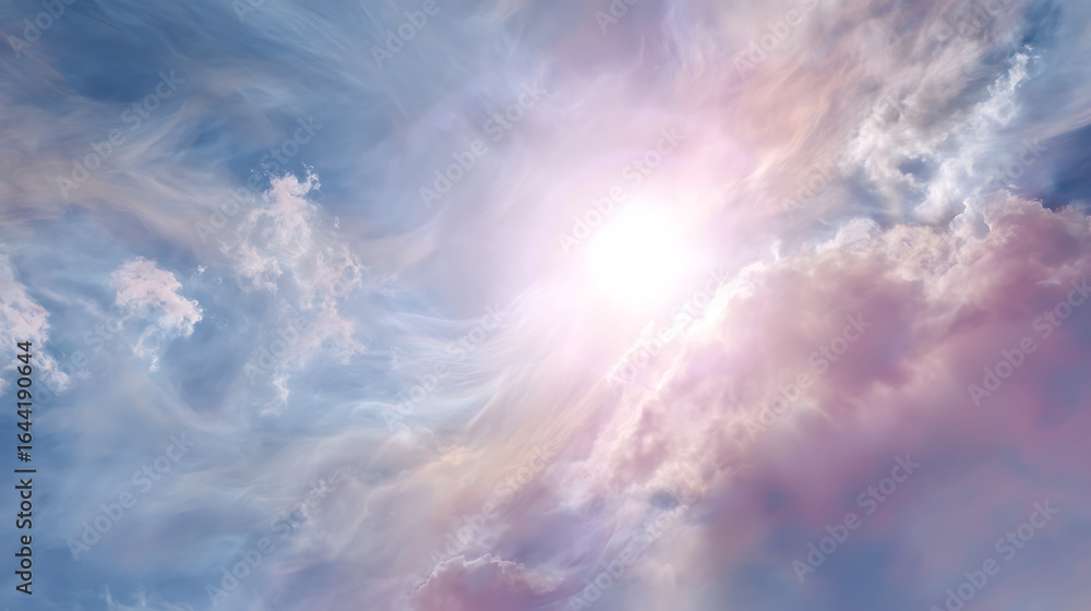 Obraz premium Radiant sunbeams illuminating wispy clouds with soft pink and blue hues sunlight dawn