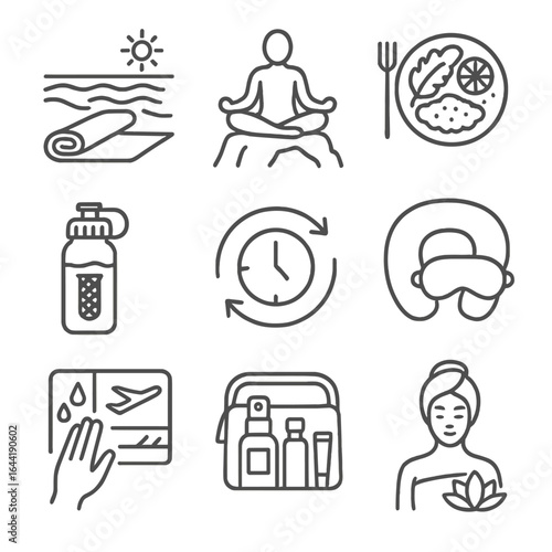 Travel Wellness Icons. Line style icons of travel wellness and health: yoga mat by beach, person meditating on cliff, healthy