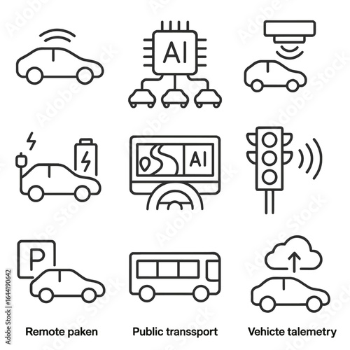 Vehicle Automation Icons. Line style icons of vehicle and transport automation: autonomous car icon, AI fleet management, traffic