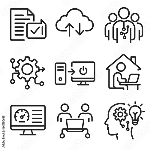 Digital Transformation Icons. Line style icons of digital transformation processes: paper to digital workflow, cloud migration