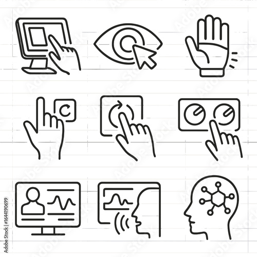 Human-Machine Interface Icons. Line style icons of human-machine interface design: control panel with touch screen, eye-tracking