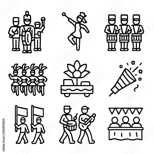 Parade Line Icons. Line style icons of parade and marching festivals: marching band line, baton twirl icon, drumline squad,