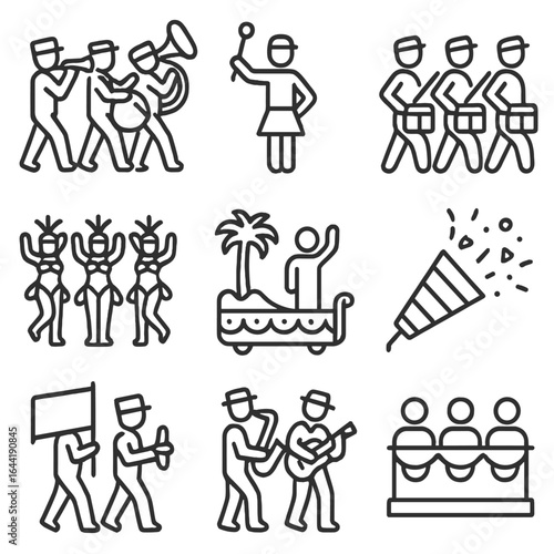 Parade Line Icons. Line style icons of parade and marching festivals: marching band line, baton twirl icon, drumline squad,