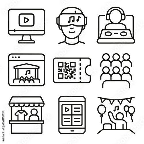Virtual Festival Icons. Line style icons of digital and virtual festivals: live stream icon on screen, VR concert headset, online