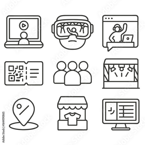 Virtual Festival Icons. Line style icons of digital and virtual festivals: live stream icon on screen, VR concert headset, online