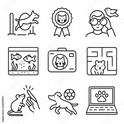 Pet Hobby Icons. Line style icons of pet-related hobbies: dog agility course, cat show ribbon, birdwatching with binoculars,