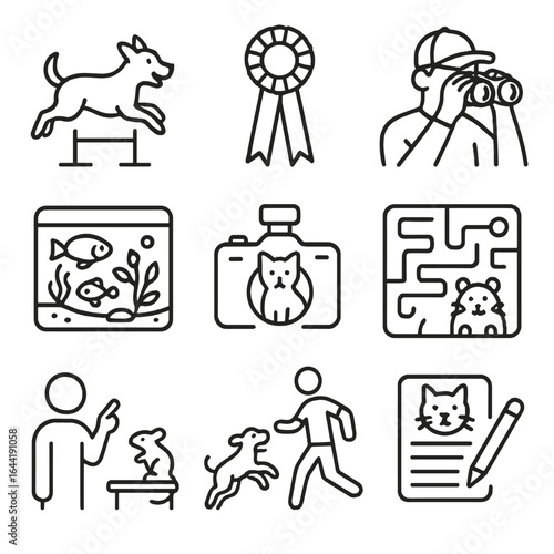 Pet Hobby Icons. Line style icons of pet-related hobbies: dog agility course, cat show ribbon, birdwatching with binoculars,