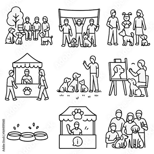 Community Pet Events. Line style icons of community pet events and socializing: park meet-up group, pet parade with banner, pet