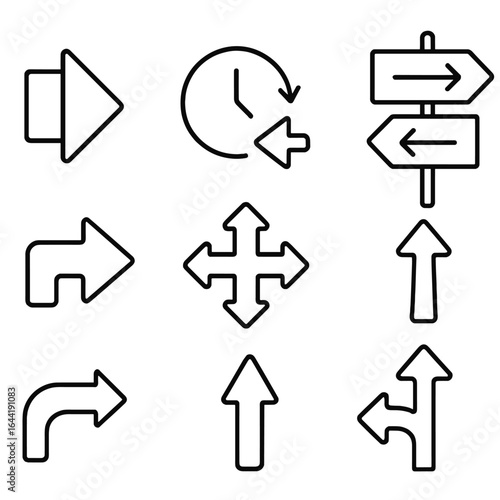 Symbolic Arrow Icons. Line style icons of symbolic directional cues: next chapter arrow, forward in time, arrow on road sign,