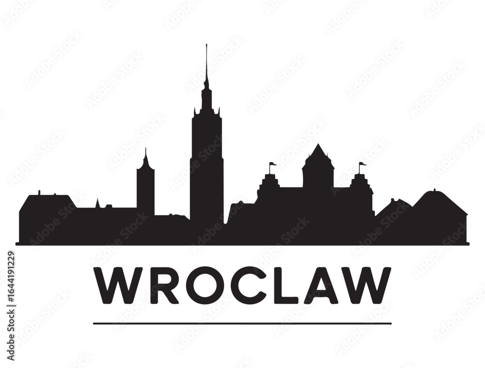 Obraz premium Wroclaw skyline silhouette. Landscape Wroclaw, Poland. Vector illustration. Vector black silhouette. with white background.