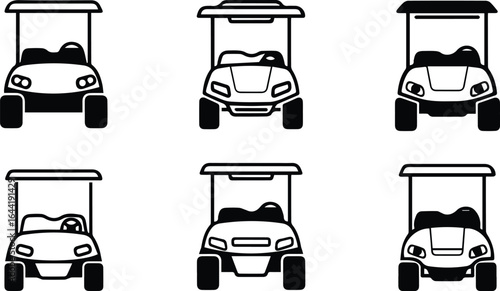  set of golf cart vector illustrations isolated on white background, showcasing recreational vehicles for golfing and leisure activities on the course