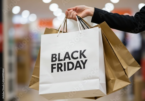Someone is holding shopping bags that say black friday, representing deals and sales during the shopping holiday.