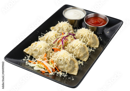 Wallpaper Mural Dumplings with cheese and slaw on a plate with dipping sauces ready to be eaten for lunch or dinner on transparent background Torontodigital.ca