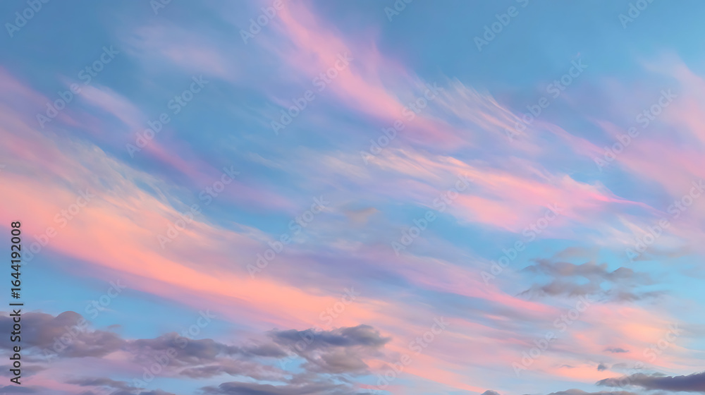 Fototapeta premium Wispy pastel clouds paint the sky in delicate hues of pink and blue during twilight sunset dusk